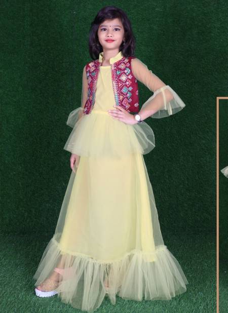 Light Yellow Colour New Fancy Designer Festive Wear cotton Mirror work Kids Gown Collection HOOLLI 06
